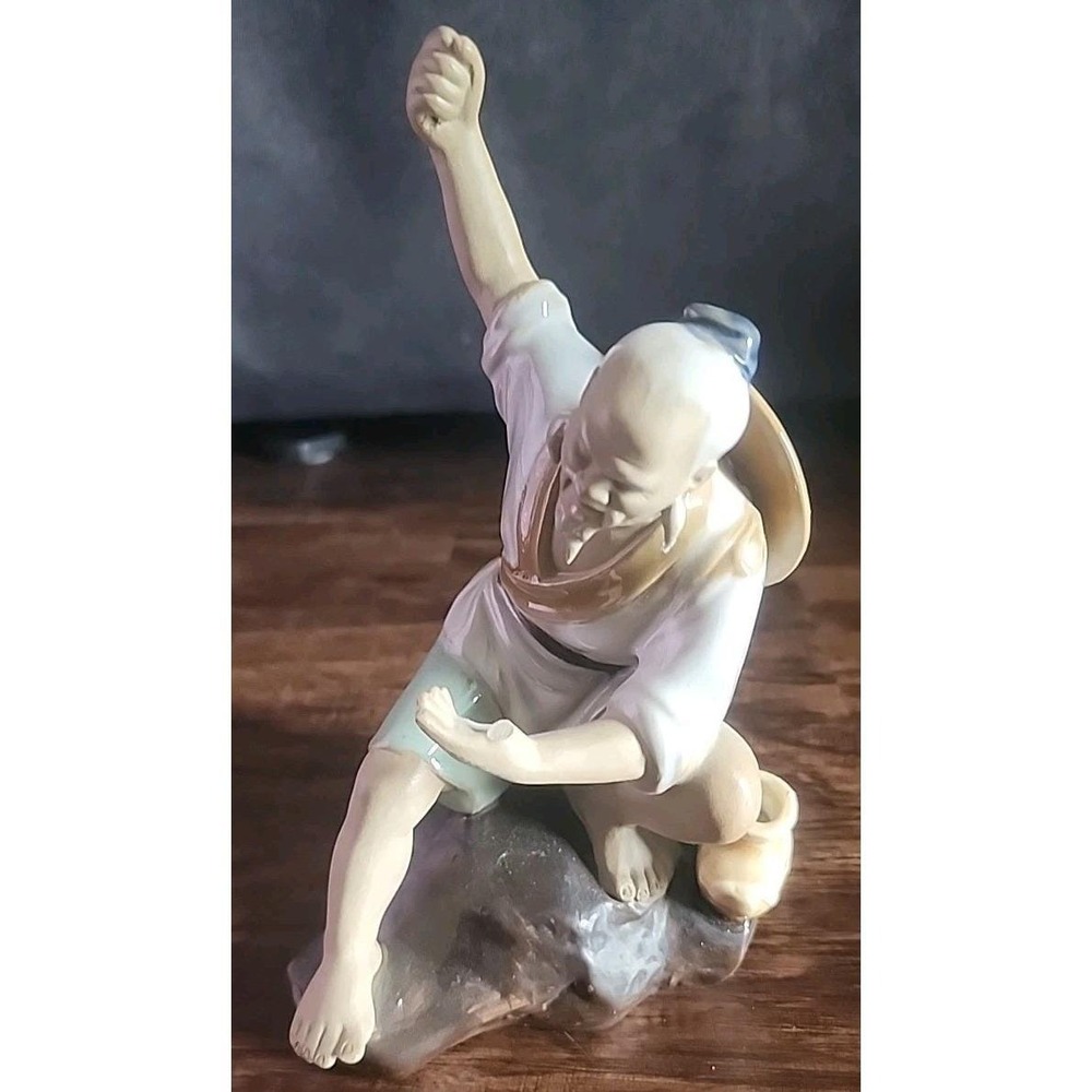 Shiwan Ceramic Chinese Mud Man Fisher, White Shirt Vintage